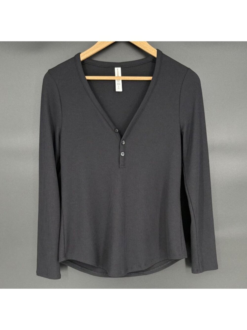 Athleta Wind Down Sleep Top Womens S Black Waffle Knit Henley Long Sleeve Modal